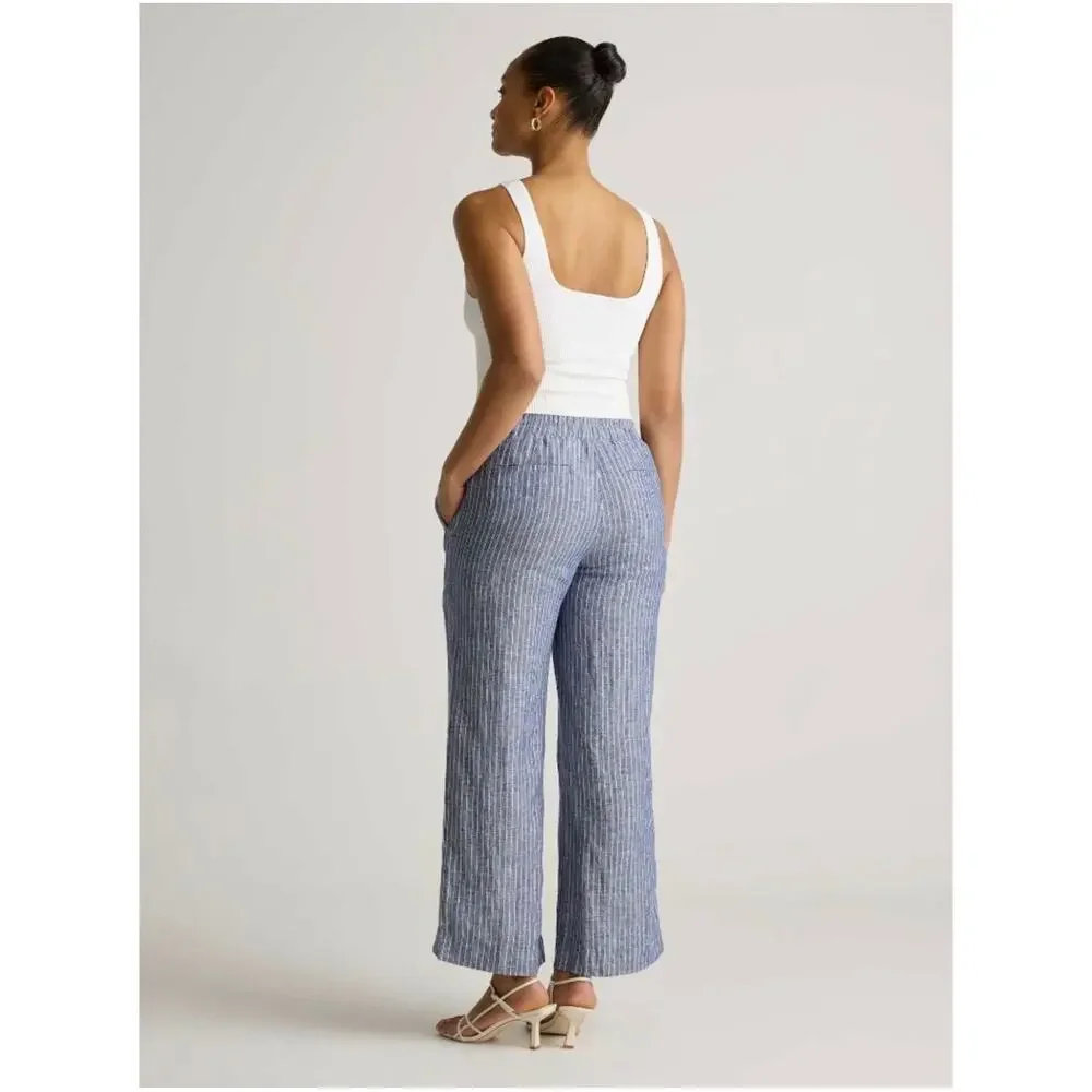 Quince Pants Womens Small Blue Chambray Stripe Wide Leg Linen Relaxed Travel